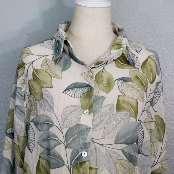 Alfred Dunner Blue Green Leaf Button Down Blouse Size 16 Leaves - Picture 2 of 10